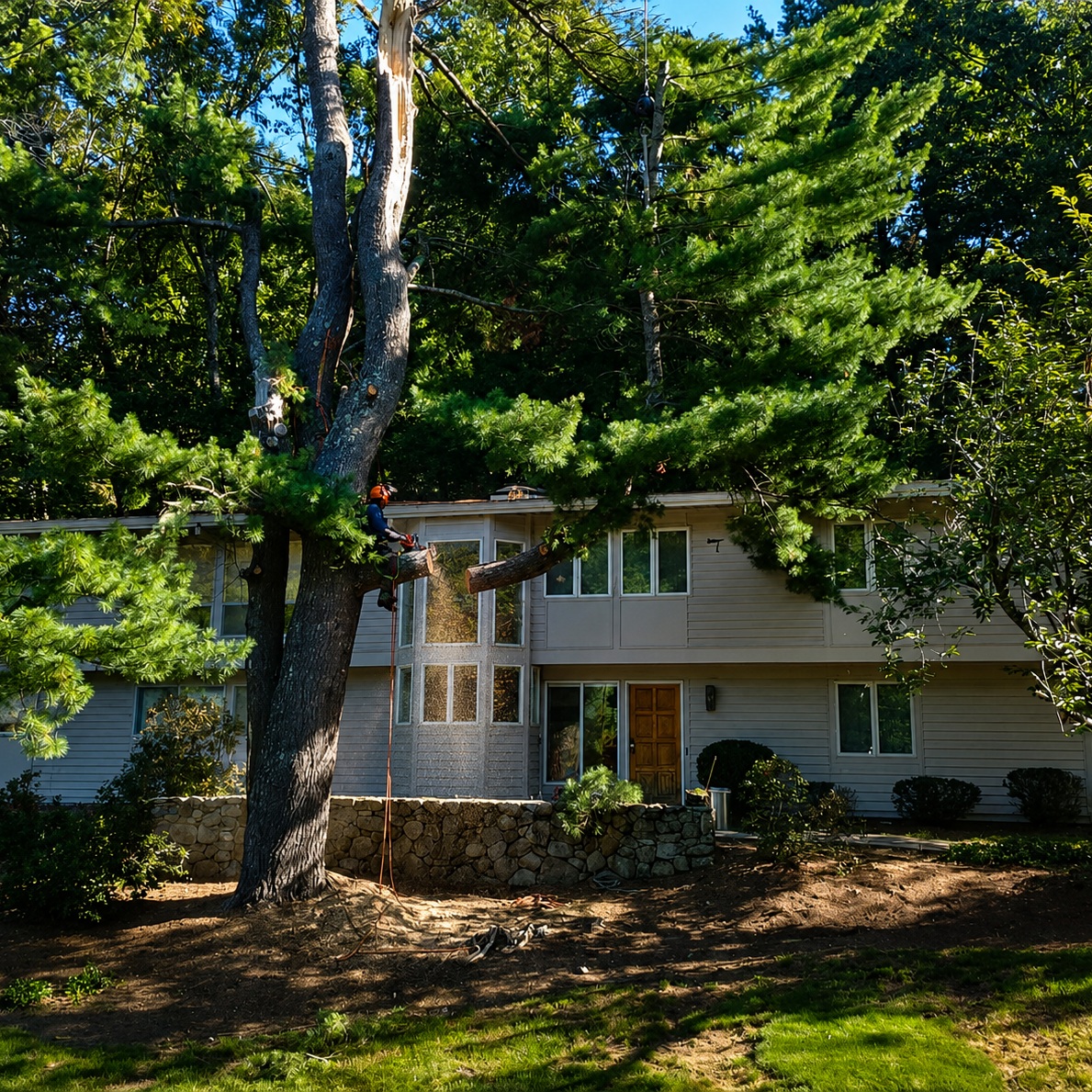 Large mature trees beside a split-level home