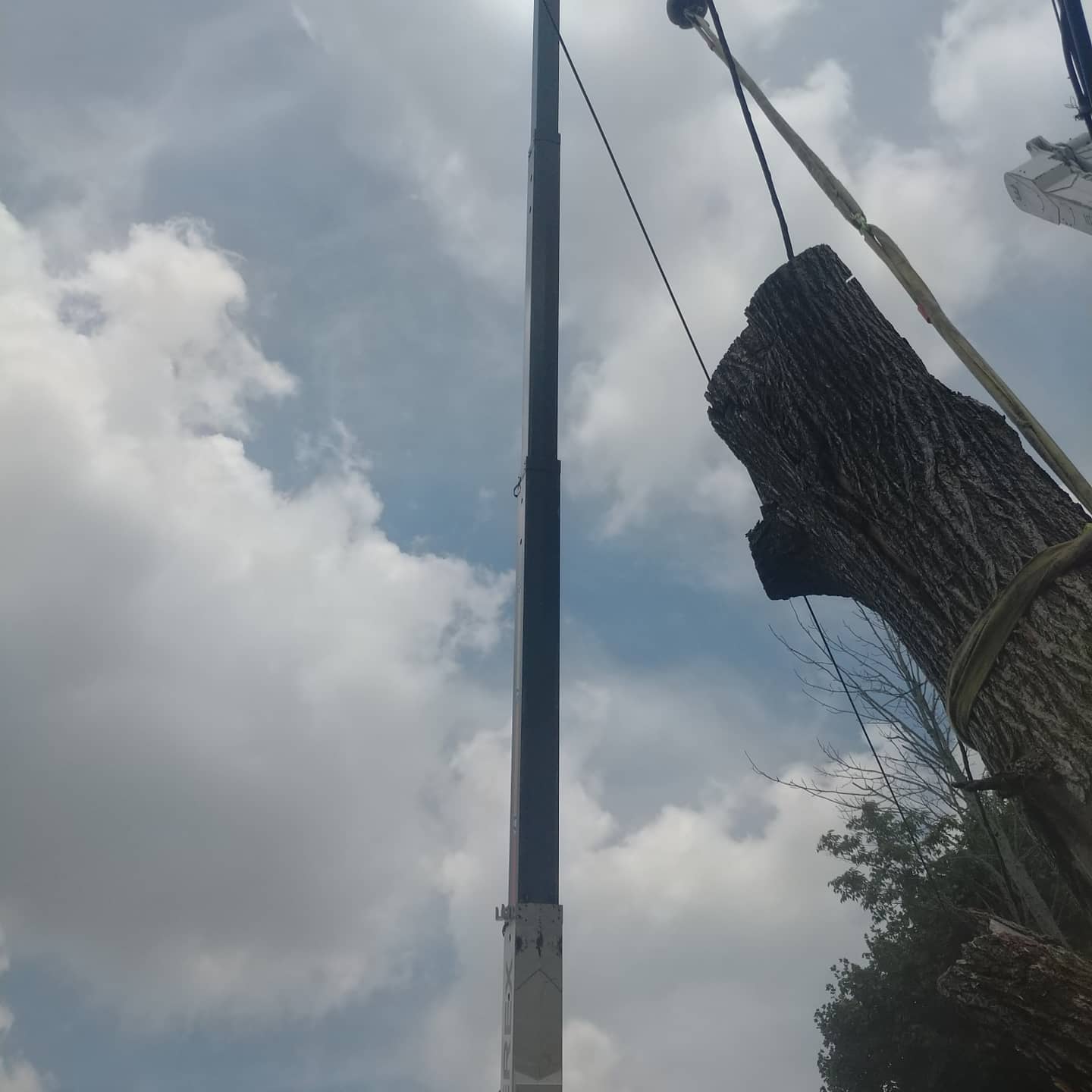 Crane supporting a large trunk section above a home